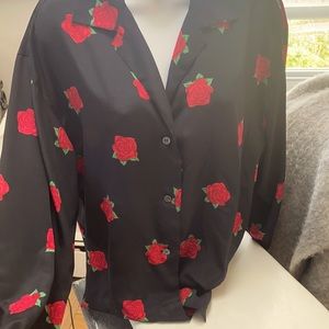 Perry Ellis black silk blouse with roses